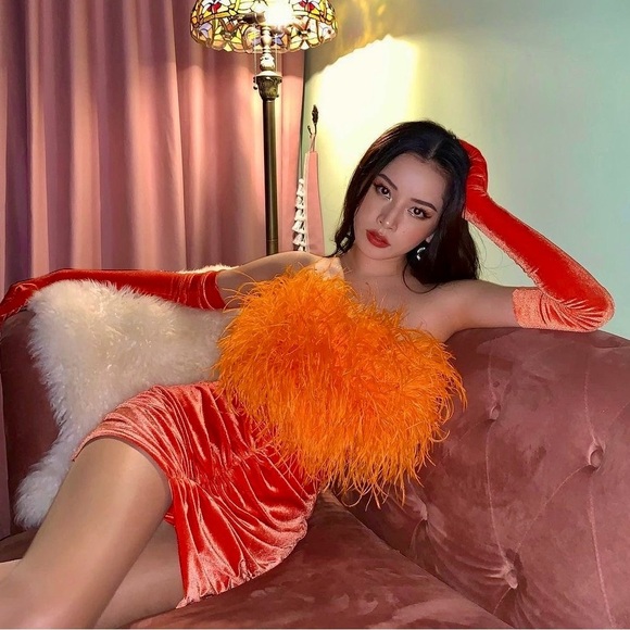 Lamarque Zaina Strapless Feather Bandeau Top Orange Party Crop Bustier Small - Picture 8 of 13